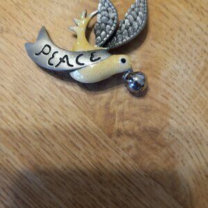 VINTAGE SIGN " AS." PEWTER & ENAMEL PEACE BIRD BROOCH PIN